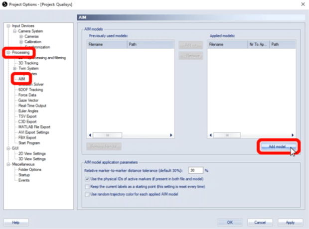 Erstellen des AIM-Modells Project Options